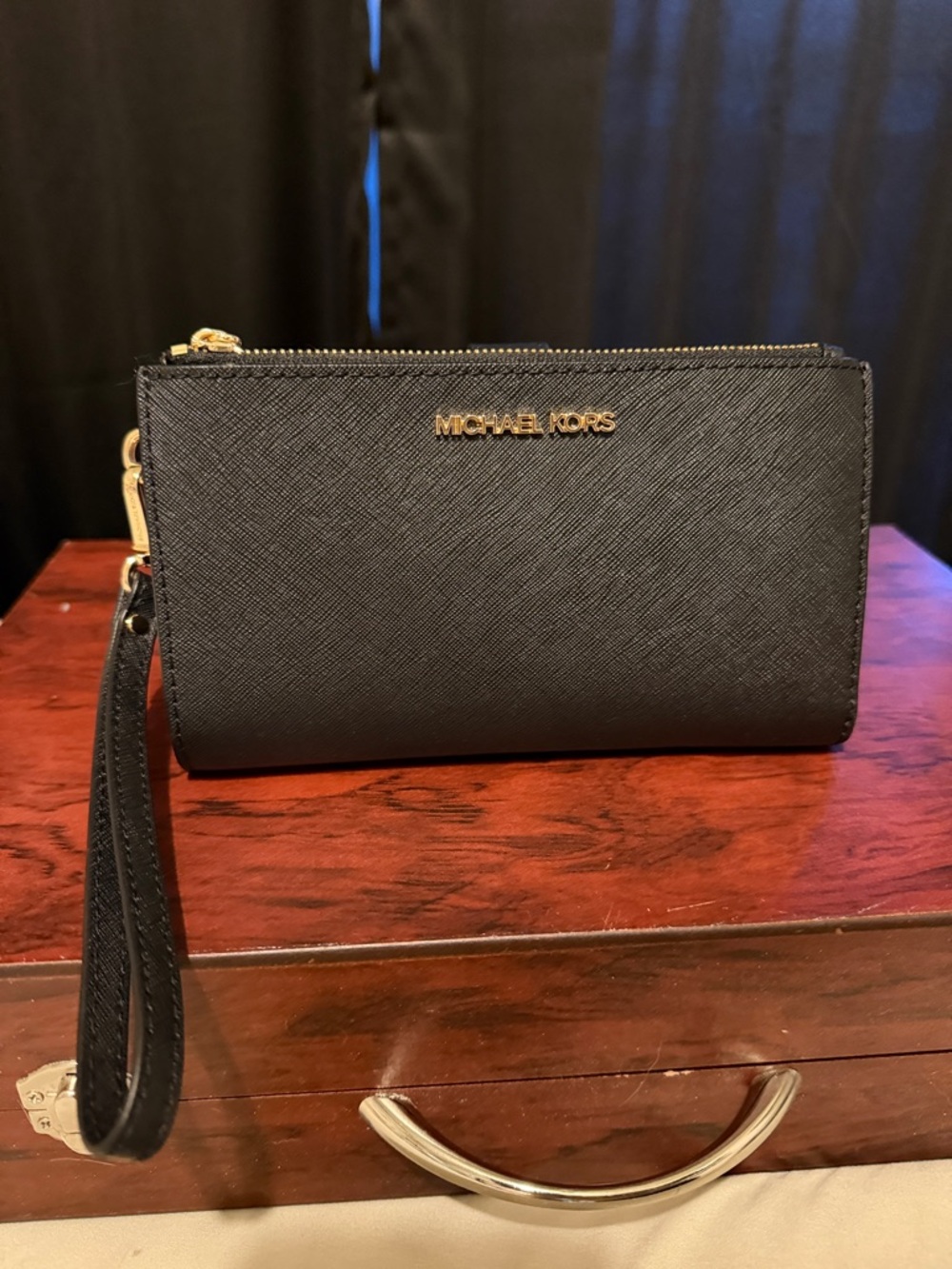 Michael Kors Black Leather Wristlet with Gold Hardware